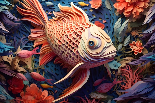 arte en papel con peces de colores en el acuario AI Generative