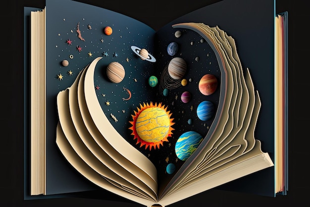 Arte en papel de los planetas del sistema solar protagoniza la Tierra y un cometa en la portada interior de un libro