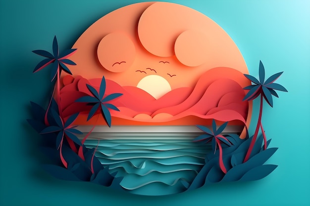 Arte en papel de una puesta de sol tropical