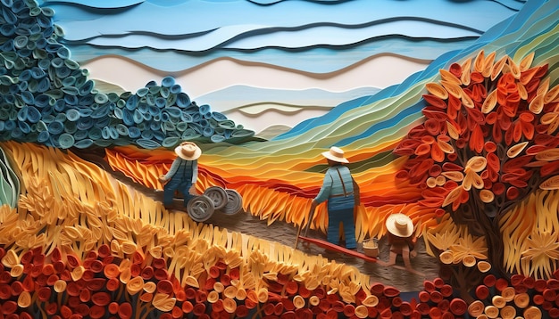 Arte de papel quilling de agricultores trabajadores plantan cultivos en campos sobre fondo de papel colorido