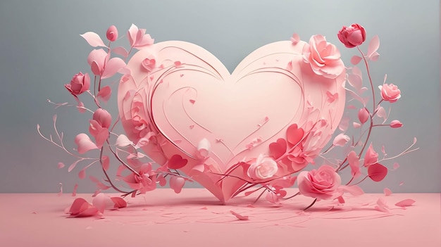 Arte de papel rosa amor y forma de corazón con flor y pareja estilo de papel colorido