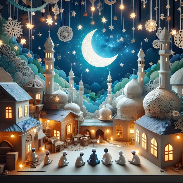 Arte de papel silueta de la mezquita durante la noche sagrada de Ramadán Ramadán Kareem Saludo con la luna creciente