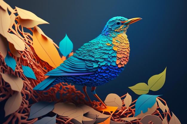 Arte de papel del símbolo ucraniano Pájaro ruiseñor en colores azul amarillo