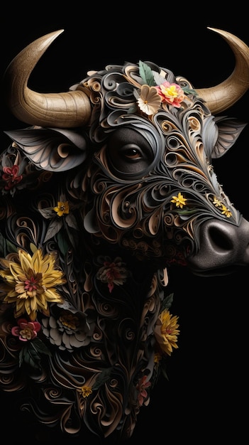 Arte en papel de un toro con flores.