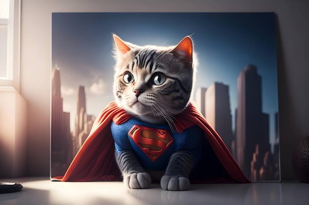 Arte de pared 3D de un gato con disfraz de Superman