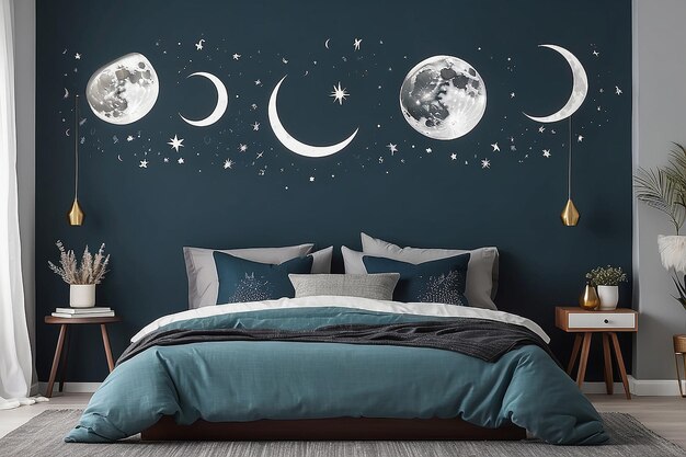 Arte de la pared de la fase de la luna celestial por encima de una cama