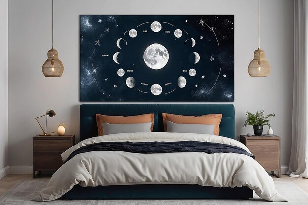 Arte de la pared de la fase de la luna celestial por encima de una cama