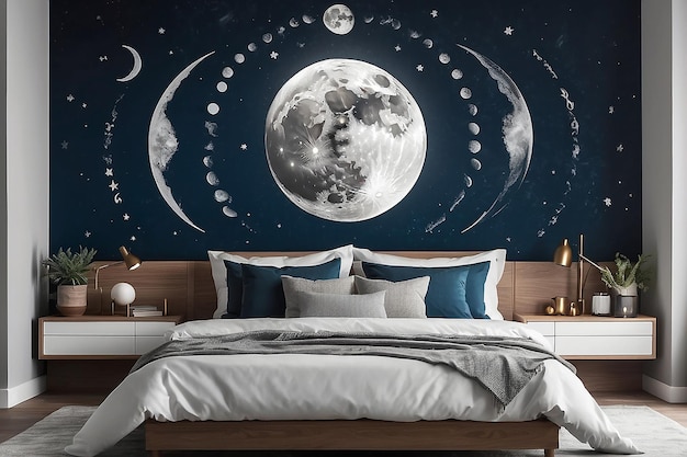 Foto arte de la pared de la fase de la luna celestial por encima de una cama