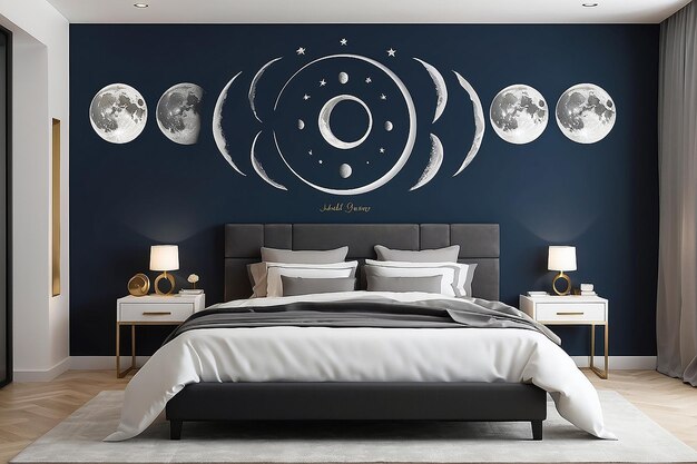 Arte de la pared de la fase de la luna celestial por encima de una cama