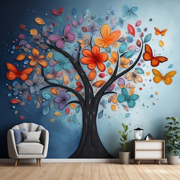 Arte de pared interior 3D con flores multicolores y hojas de mariposas sobre el árbol