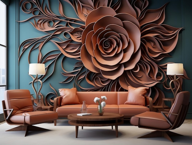 Arte de pared interior 3D con flores y patrones florales sin costuras en color chocolate