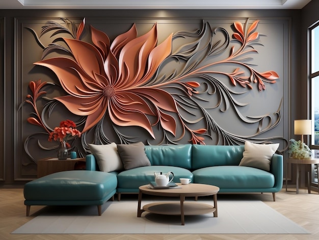 Arte de pared interior 3D con flores y patrones florales sin costuras en color chocolate