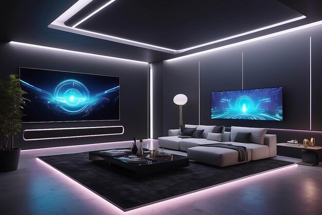 Arte en una pared LED en una casa futurista con controles activados por voz y ambiente personalizado para una maqueta de espacio de vida de alta tecnología