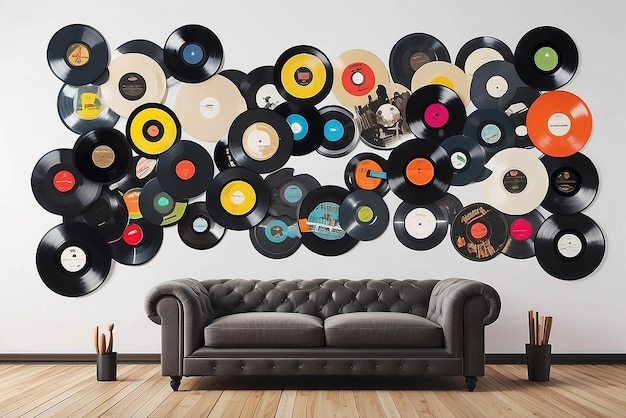 Arte en una pared de viejos discos de vinilo en una maqueta de salón retro con espacio blanco en blanco para colocar su diseño