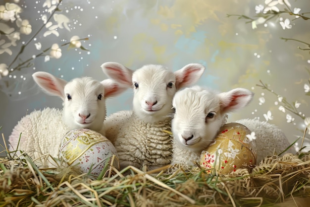 Arte de Pascua con tres corderos ovejas Feliz Pascua