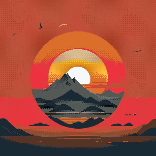 Arte pixelada de uma cena do pôr do sol
