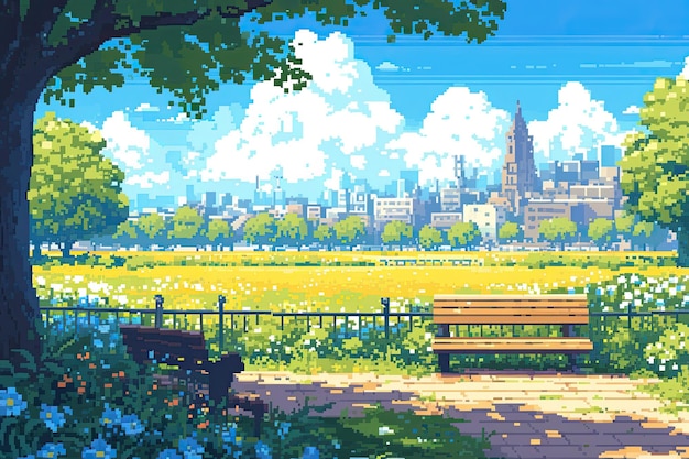 arte de píxeles de banco en el parque con el horizonte de la ciudad en flores y árboles de fondo