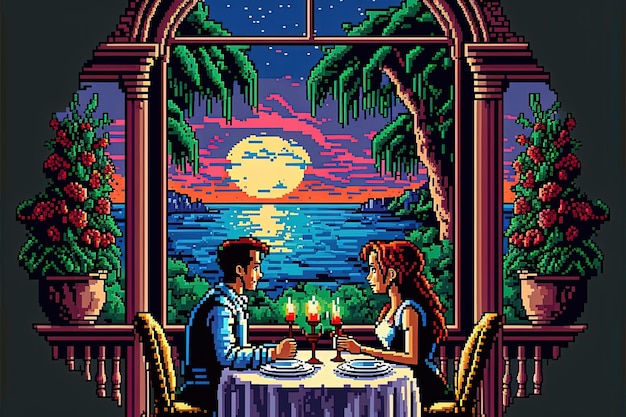 Arte en píxeles de una pareja amorosa que tiene una cena romántica Fondo del Día de San Valentín para un juego de 8 bits AI