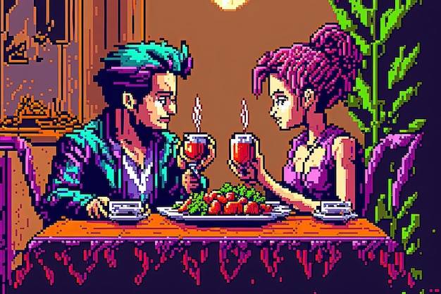 Arte en píxeles de una pareja amorosa que tiene una cena romántica Fondo del Día de San Valentín para un juego de 8 bits AI