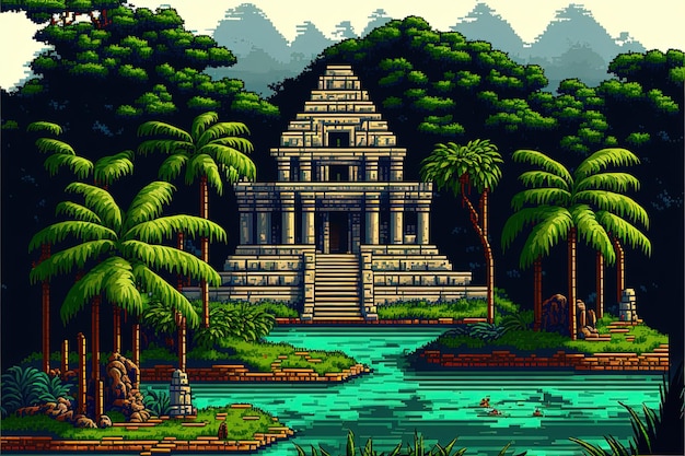 Arte de píxeles templo maya antigua pirámide maya en el fondo del bosque en estilo retro para AI de 8 bits