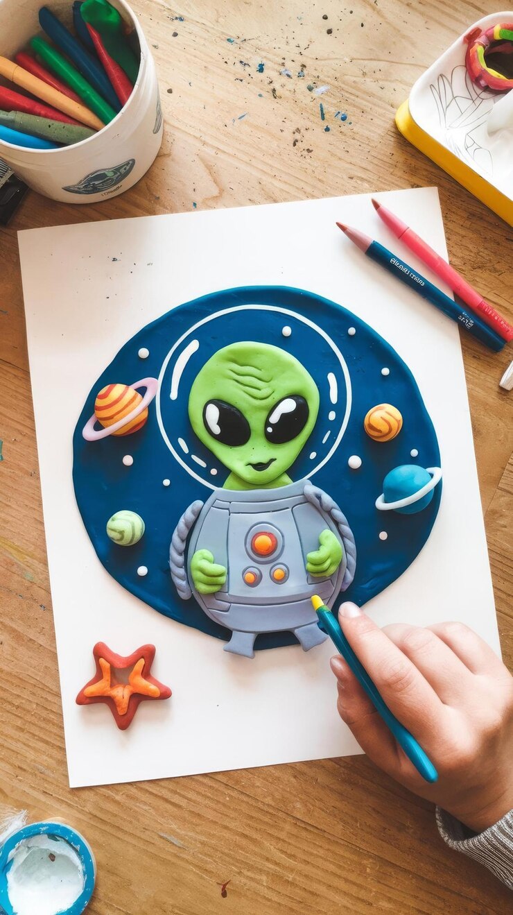 Foto arte de plastilina con extraterrestre y nave espacial.