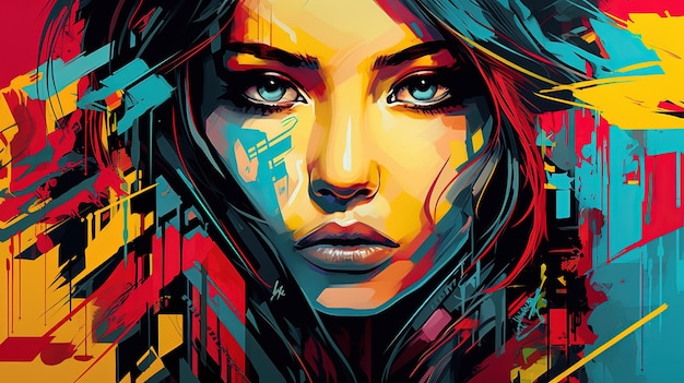 Un arte pop digital de una mujer asiática en un entorno urbano moderno con un fondo vibrante de estilo graffiti