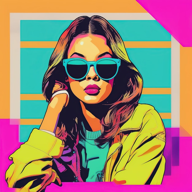 Foto arte pop retro colorida de um adolescente com óculos de sol design de arte abstrata para papel de parede de capa de avatar arte de parede mínima