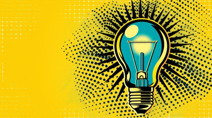 Arte pop vibrante inspirado por Roy Lichtenstein con icono de bombilla y superposición de puntos de medio tono