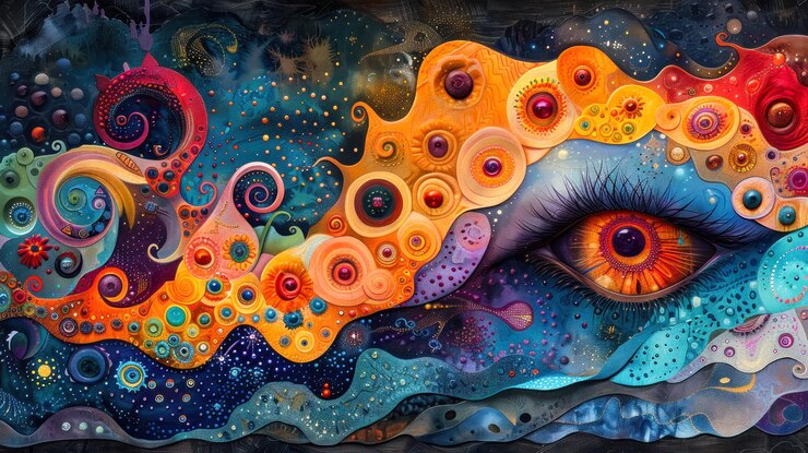 Arte psicodélico abstracto con ojos grandes y patrones giratorios vibrantes