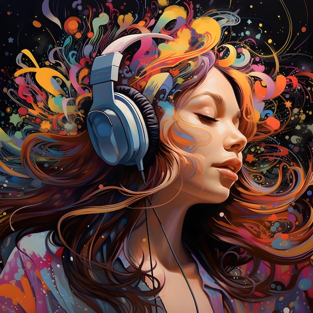 Arte psicodélico de una chica escuchando música