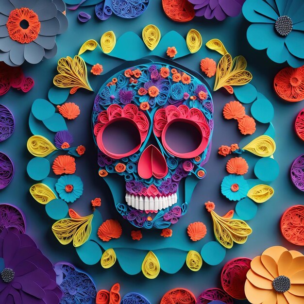 Foto arte de quilling de papel de calavera con un patrón de flores de colores