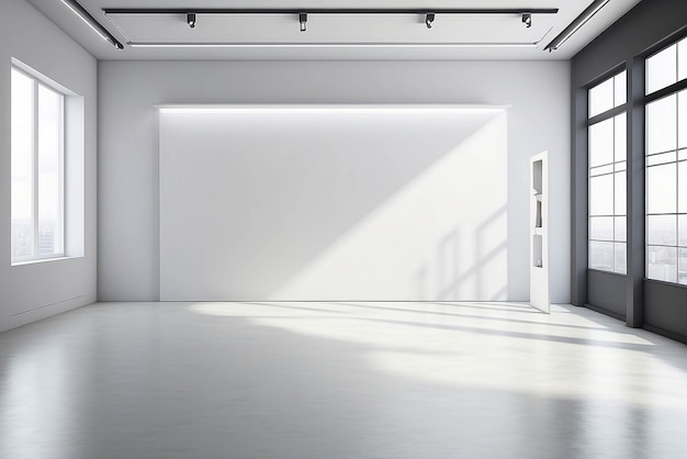 Arte de realidad aumentada en una maqueta de sala de exposiciones de alta tecnología con espacio blanco en blanco para colocar su diseño