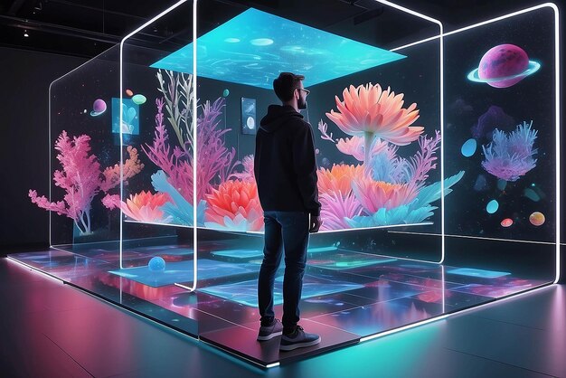 Arte de realidad aumentada en pantallas flotantes holográficas con elementos interactivos y maqueta de contenido generado por el usuario