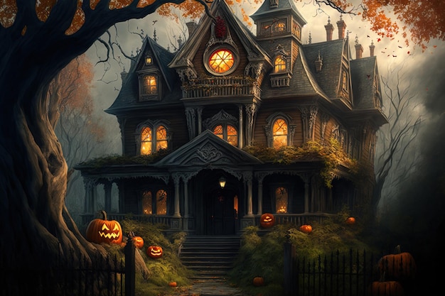 Arte realista de uma casa assustadora para o Halloween, incluindo abóboras