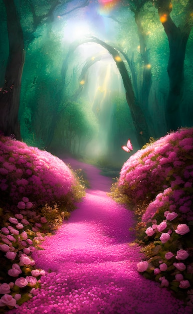 Arte realista hada paisaje bosque estilo alicia en el país de las maravillas con rosas rosadas