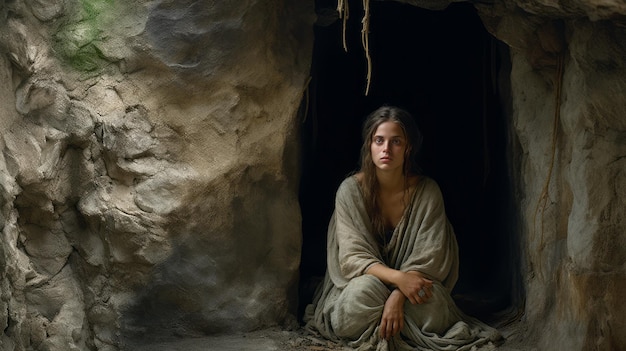 Arte religioso dramático Mujer joven anhelando en la cueva con Biblia y cruz