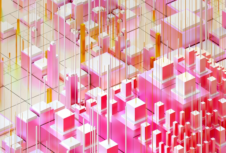 Foto arte de renderizado en 3d con fondo en 3d surrealista basado en cubos, cajas o barras en material de metal mate pintado en rosa degradado de color amarillo y blanco abstracto paisaje urbano con edificios o detalles de computadora