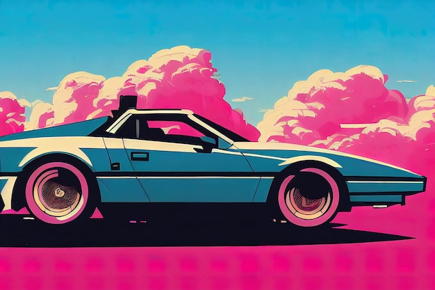 Arte retro de los años 80 del estilo synthwave del coche de la onda