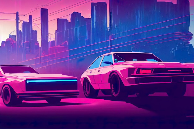 Arte retro de la onda del coche de la onda sintética del estilo de los años 80