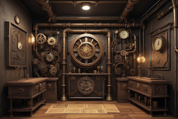 Arte en una sala de escape con temas steampunk con maqueta de elementos mecánicos