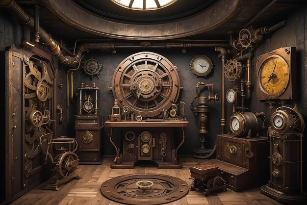 Arte en una sala de escape con temas steampunk con maqueta de elementos mecánicos