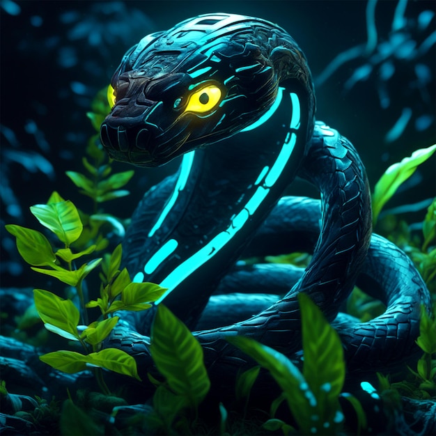 Arte de serpiente bioluminiscente Apocalíptico Lindo Kawaii pequeño que rodea Vegetatio