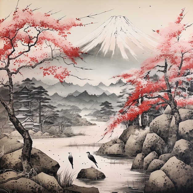 Arte Sumie japonés dibujado a mano a la venta