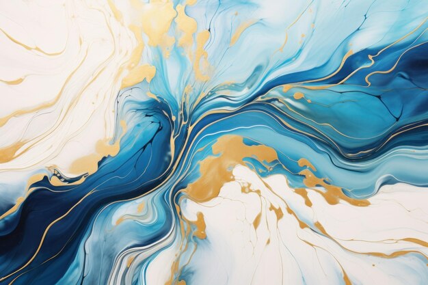 El arte de Suminagashi Muy bonita pintura azul y blanca con línea dorada Diseño artístico de remolino dorado El estilo incluye remolinos de mármol u ondas de ágata Composición elegante