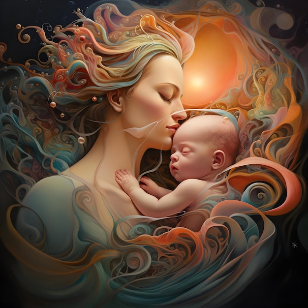 Arte surrealista de la madre con el bebé