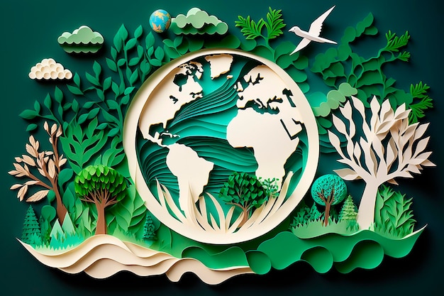 Foto arte tallado en papel del concepto mundial del medio ambiente y el día de la tierra