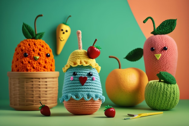 Arte de tejer en forma de artesanías de frutas frescas frutas lindas colores brillantes