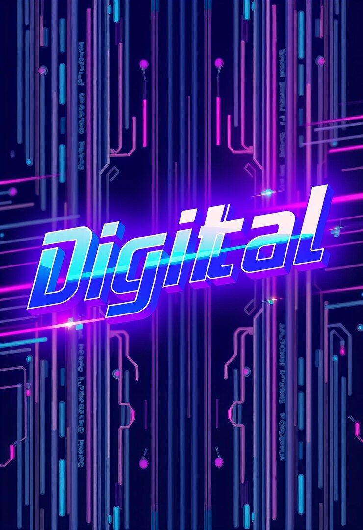 Foto arte de texto fotográfico digital con letras elegantes de alta tecnología con un fondo de transformación digital