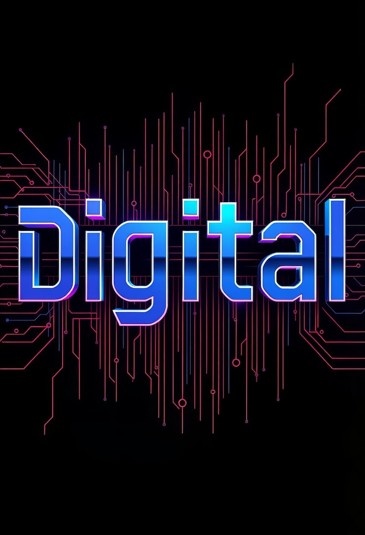 Foto arte de texto fotográfico digital con letras elegantes de alta tecnología con un fondo de transformación digital