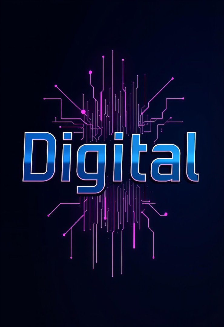 Foto arte de texto fotográfico digital con letras elegantes de alta tecnología con un fondo de transformación digital